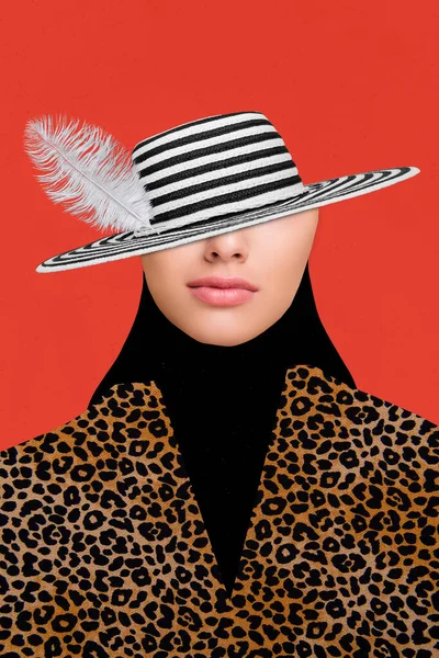 Vertical Collage Portrait Mysterious Beautiful Girl Wear Striped Hat Cover — Stock Photo, Image