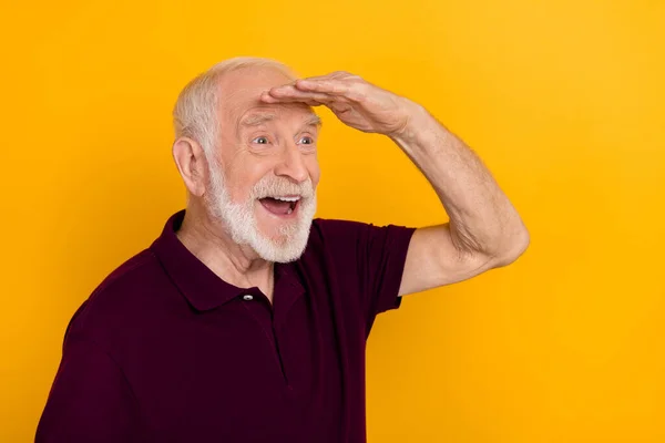 Profile Side Photo Excited Senior Man Hand Touch Forehead Look — Stock Photo, Image