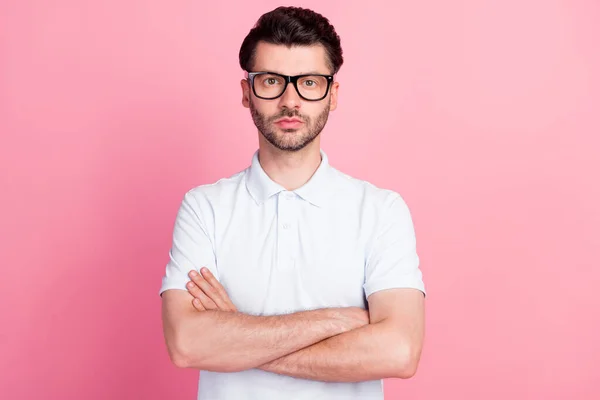 Photo Young Handsome Attractive Serious Man Wear Glasses Folded Arms — Stock Photo, Image