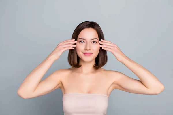 Photo of aesthetic lady touch eyebrows enjoy silky soft fresh pure face isolated over grey color background.