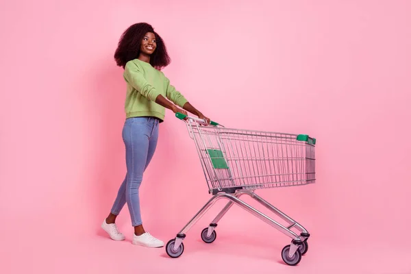 夢のような美しい女性の完全な長さの写真緑のセーター歩行ショッピングトレイ隔離されたピンク色の背景 — ストック写真