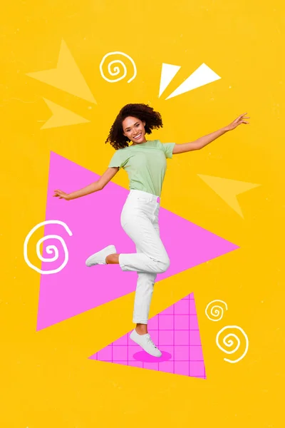 Samengestelde Collage Beeld Beeld Van Gelukkig Aantrekkelijk Jong Meisje Dansen — Stockfoto