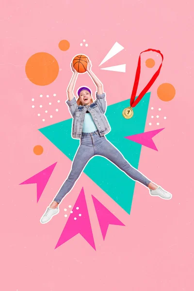 Vertikální Koláž Obraz Nadšené Šťastný Dívka Skok Zbraně Držet Basketbal — Stock fotografie
