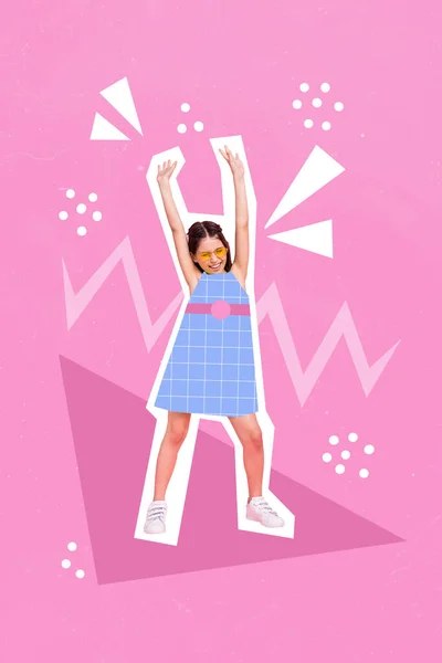Pionowy Kolaż Ilustracja Podekscytowany Pozytywna Dziewczyna Cieszyć Się Taniec Odizolowany — Zdjęcie stockowe