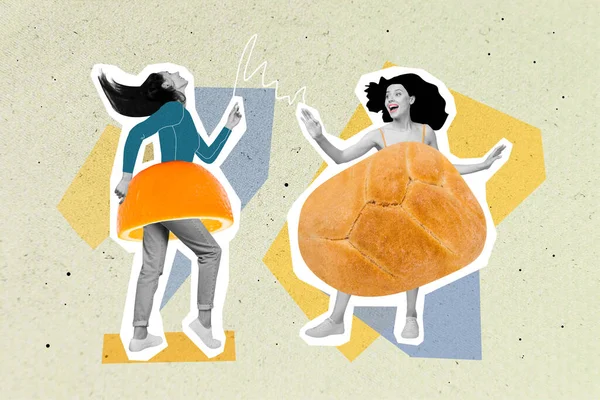 コラージュアートワーク2人の女性のグラフィック画像が一緒に楽しみを持っている食べ物の衣装を踊ります孤立した絵画背景 — ストック写真