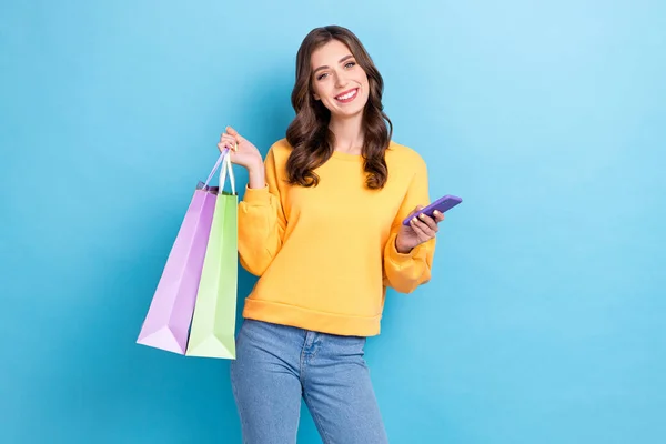 Photo Portrait Nice Young Lady Hold Shopping Packages Device Online — Stock Photo, Image