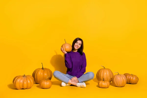 Retrato Corpo Inteiro Adorável Senhora Positiva Sentar Chão Mão Segurar — Fotografia de Stock