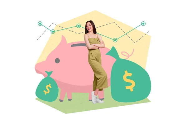 自信のある女性銀行家の創造的な雑誌のコラージュは イメージの背景を描く上で孤立預金クレジット節約予算を宣伝 — ストック写真