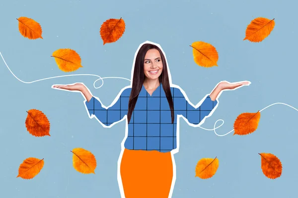 Creative abstract template collage of funny beautiful woman hold palms look falling golden orange autumn foliage leaves enjoy nature.