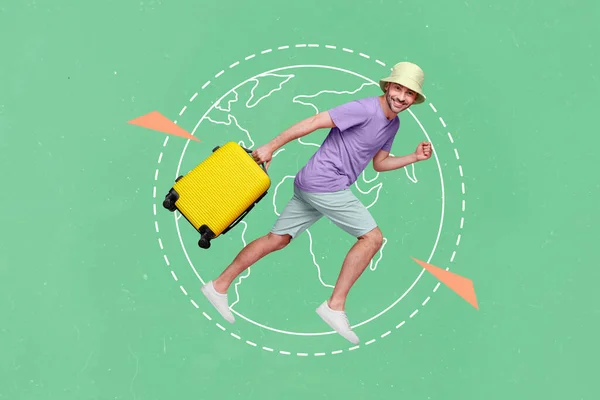 コラージュ3D画像のピンナップポップレトロスケッチのファンキーな実行中の高速男見たい世界観光客運ぶスーツケース周り惑星冒険 — ストック写真