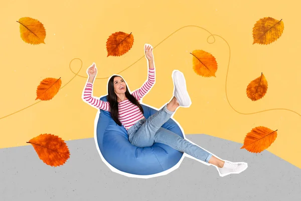 Collage 3d image of pinup pop retro sketch of funny funky attractive happy woman sit outdoors soft beanbag autumn golden falling leaves.