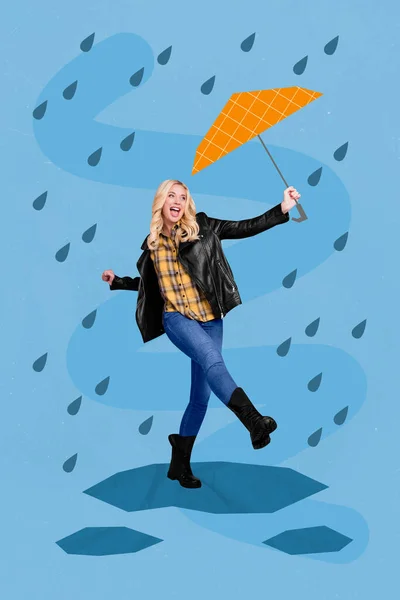 3d retro abstract creative artwork template collage of happy positive funny young girl hold umbrella protect rain walking puddles have fun.