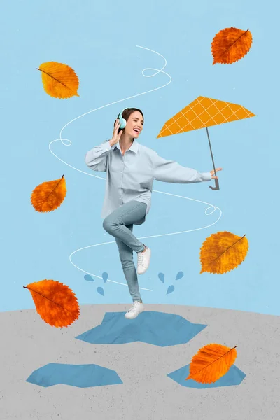 Collage 3d image of pinup pop retro sketch of funny funky young woman headphones dancing music hold umbrella jumping puddles autumn leaves.