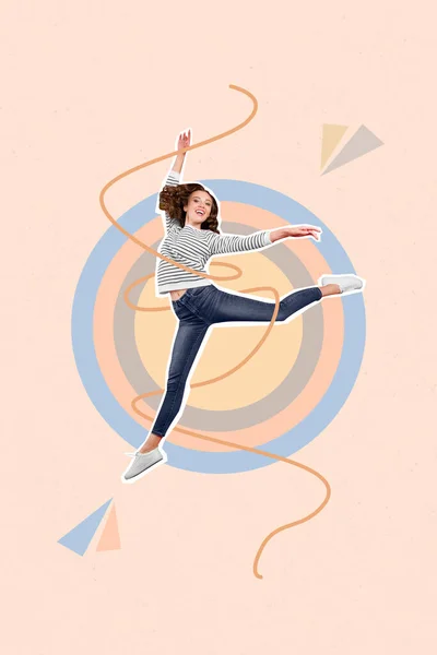 Kompozytowe Kolaż Obraz Obraz Skoków Wysoki Taniec Baleriny Młoda Kobieta — Zdjęcie stockowe