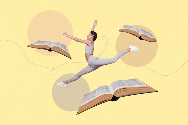 Collage Compuesto Imagen Gimnasta Excitada Activa Joven Mujer Saltando Libros — Foto de Stock