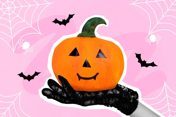 Colagem Modelo Abstrato Criativo Engraçado Bonito Adorável Halloween Abóbora Desenho — Fotografia de Stock