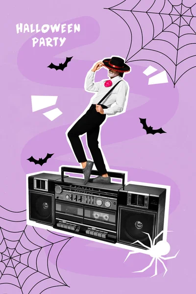 Creative Drawing Collage Picture Dancing Young Mariachi Caballero Halloween Dead — Stock Photo, Image