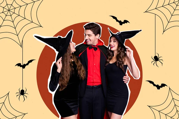 Banner collage of three medieval characters vamp witches have fun occult party on halloween spider web bat decor background.