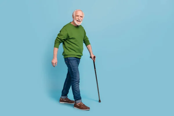 Full body portrait of satisfied glad aged person hold stick walking isolated on blue color background.