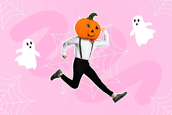 Photo cartoon comics sketch picture of happy smiling guy halloween pumpkin instead of head isolated drawing background.