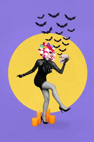 Collage Verticale Immagine Ragazza Eccitata Indossare Costume Halloween Danza Mano — Foto Stock