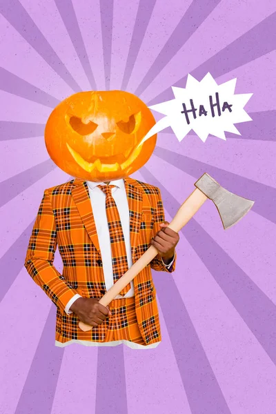 Függőleges Kollázs Kép Ijesztő Ember Hatalmas Halloween Tök Helyett Fej — Stock Fotó