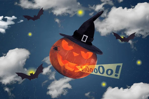 Creative collage picture of halloween pumpkin witch headwear boooooo scary sound spider flying bats night clouds sky.