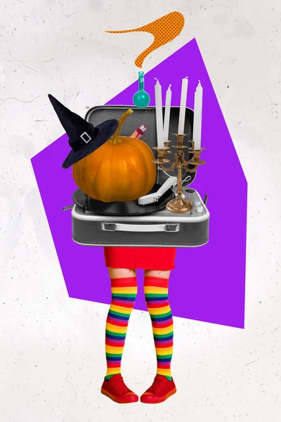 Kreatív Trend Kollázs Halloween Dekorációk Hagyományos Szimbólumok Lábak Harisnya Boszorkány — Stock Fotó