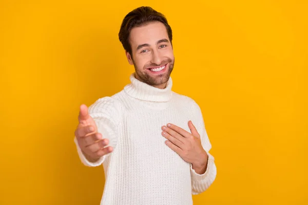 Photo Funny Attractive Guy Wear White Pullover Giving You Arm — Stock Photo, Image