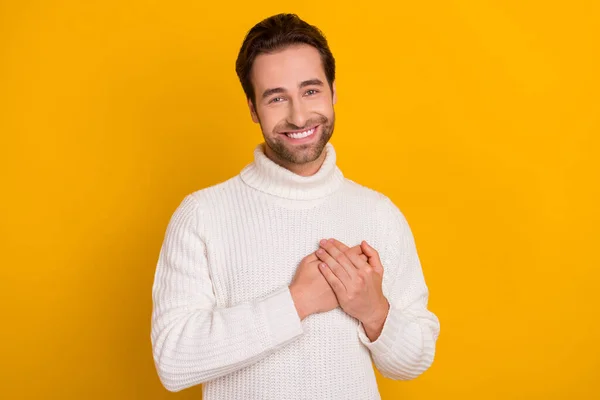 Photo Pretty Dreamy Guy Dressed White Sweater Arms Heart Smiling — Stock Photo, Image