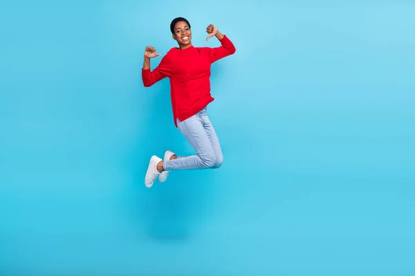 Foto Tamanho Completo Hooray Jovem Curto Penteado Senhora Salto Índice — Fotografia de Stock