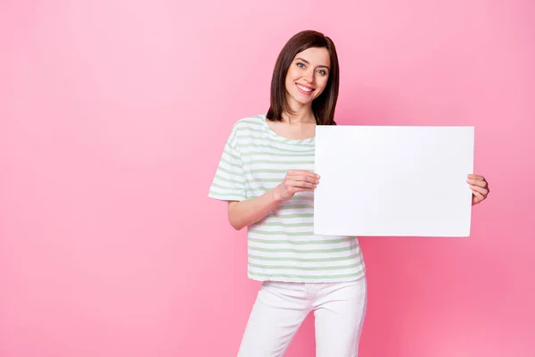 Photo Pretty Satisfied Lady Trendy Striped Outfit Arm Hold Cool — Stock Photo, Image