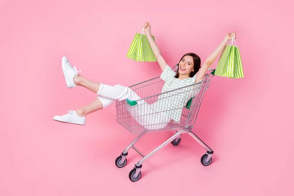 Full Length Photo Overjoyed Lady Stylish Trendy Outfit Sit Trolley — Stock Photo, Image