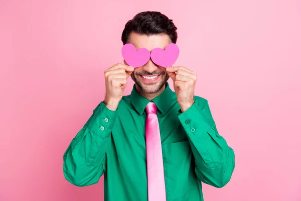 Photo Pretty Charming Guy Wear Green Shirt Two Little Hearts — Stock Photo, Image