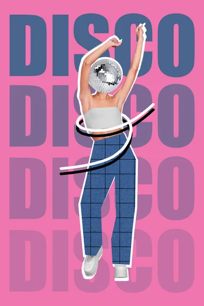 Kreatywny Plakat Collage Aktywnych Młoda Dama Taniec Disco Tekst Plakat — Zdjęcie stockowe