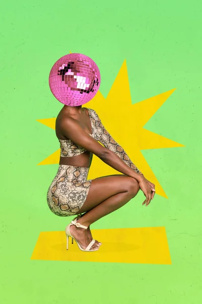 Collage 3d image of pinup pop retro sketch of stylish sexy woman dancer disco ball instead head enjoy party nightclub advertisement promo.