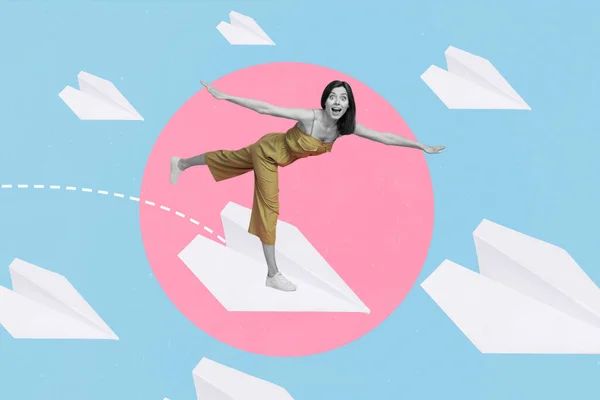 科拉格3D图像拼凑流行复古小品滑稽时髦女人保持平衡飞行纸飞机女商人头脑风暴产生的想法 — 图库照片