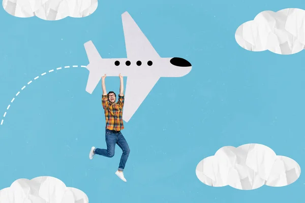 Koláž Fotografie Mladého Vzrušeného Muže Držet Malované Letadlo Létat Vzduch — Stock fotografie