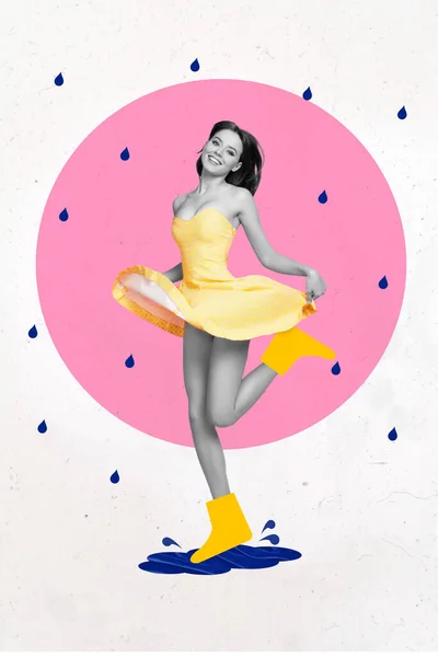 Kreativ Teckning Collage Bild Glad Attraktiv Ung Kvinna Mini Klänning — Stockfoto