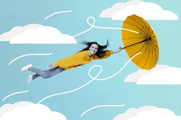 활기찬 아줌마가 포스터 콜라주 바람부는 날씨에 날아가는 구름이 날라가는 재미있는 — 스톡 사진