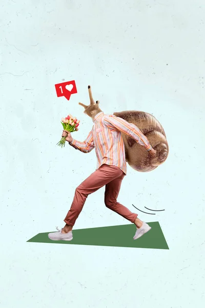 Вертикальный Коллаж Иллюстрация Бегущего Человека Улитки Головы Держать Тюльпаны Цветы — стоковое фото