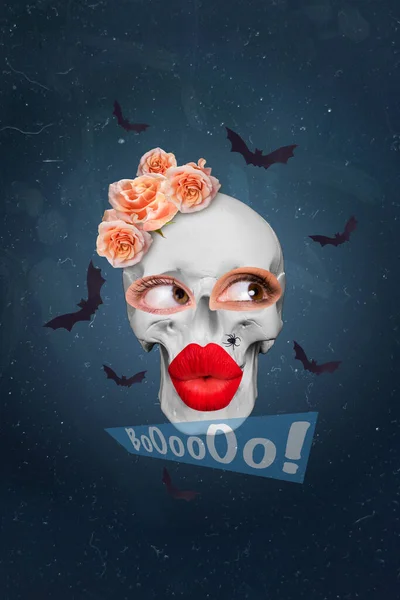 Creative Drawing Collage Picture Funny Spooky Woman Face Skeleton Skull — Stock Photo, Image