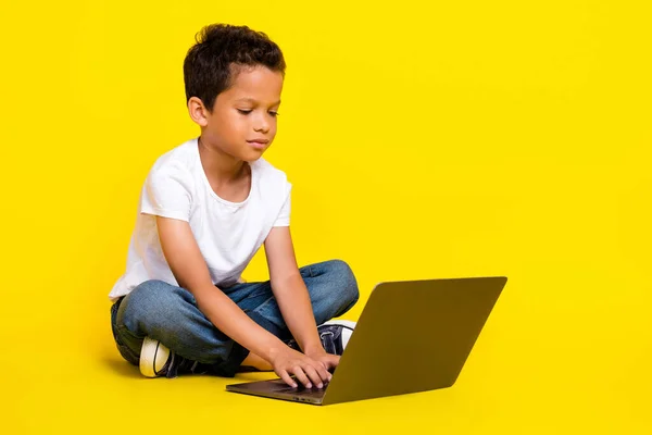 Full size photo of small boy sit type laptop wear t-shirt jeans shoes isolated on yellow color background.