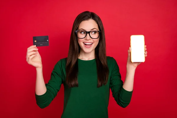 Photo Cute Brunette Lady Look Card Telephone Wear Eyewear Green — Stock Photo, Image