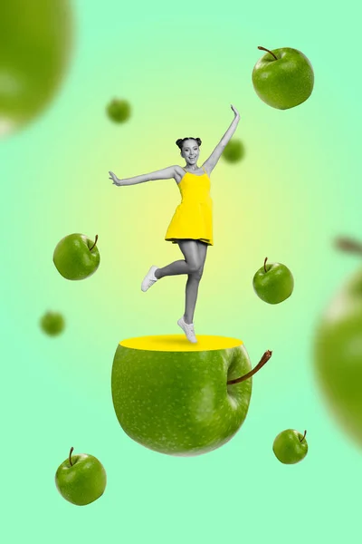Creative abstract template collage of funny funky positive energetic young woman dance green apples juice promo shopping healthy nutrition.