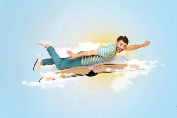 Samengestelde Collage Beeld Van Opgewonden Vrolijke Man Verhogen Vuist Vliegen — Stockfoto