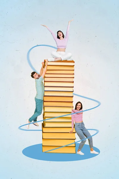 Collage Vertical Imagen Tres Personas Empuje Subir Sentarse Gran Pila — Foto de Stock