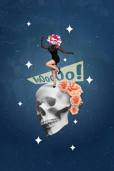 Creative trend collage of dancing have fun mexican character calavera catrina miniature skeleton skull head halloween party promo poster.