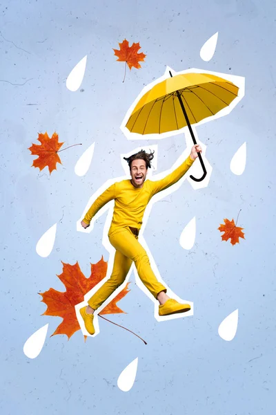 Vertical creative collage image of positive funky young man hold hang umbrella enjoy rainy weather walking falling autumn leaves have fun.