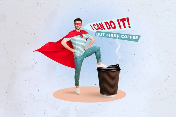 Collage 3d image of pinup pop retro sketch of funny funky man superhero mask cloak step coffee paper cup morning energy motivation recharge.